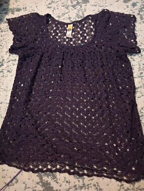 Mimi Chica Dark Purple Crochet Lace Short Sleeve Top